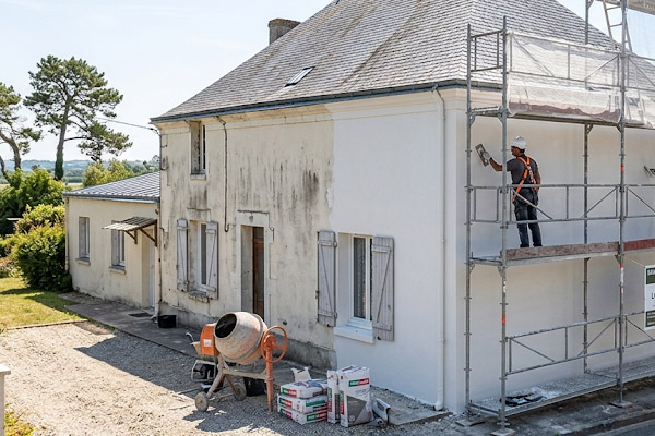 Ravalement de façade et application de peinture par un artisan sur échafaudage
